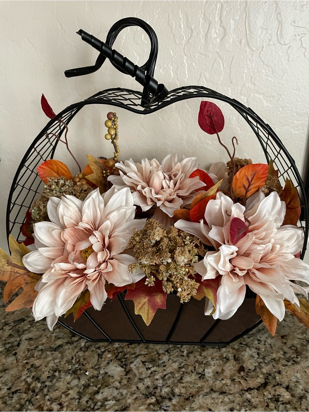 FALL Black Wire Apple Shaped  Basket with Floral Arrangement